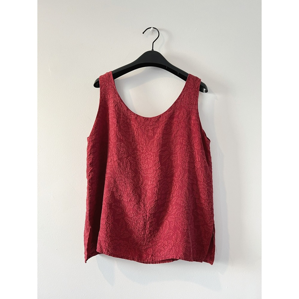 Vintage Red Silk Floral Textured Tank Top Jacquard Washed Silk Sleeveless Blouse - Picture 10 of 11
